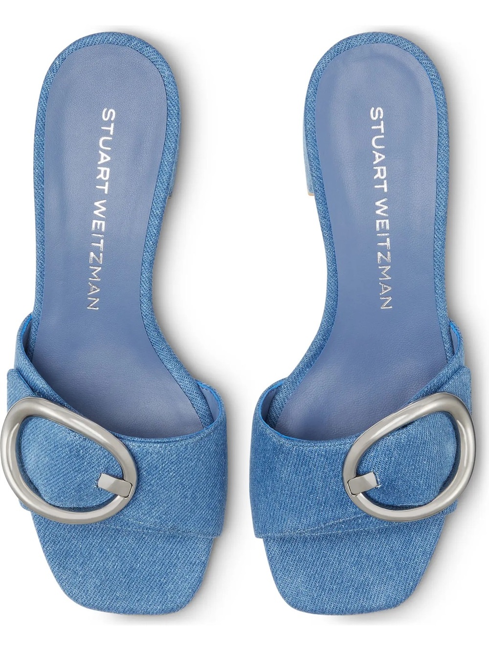Stuart Weitzman Denim Blue Slide Heels with Silver Buckles